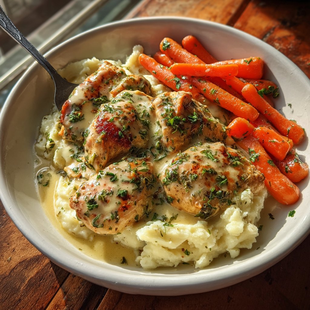 Creamy Herb Chicken with Mashed Potatoes and Glazed Carrots