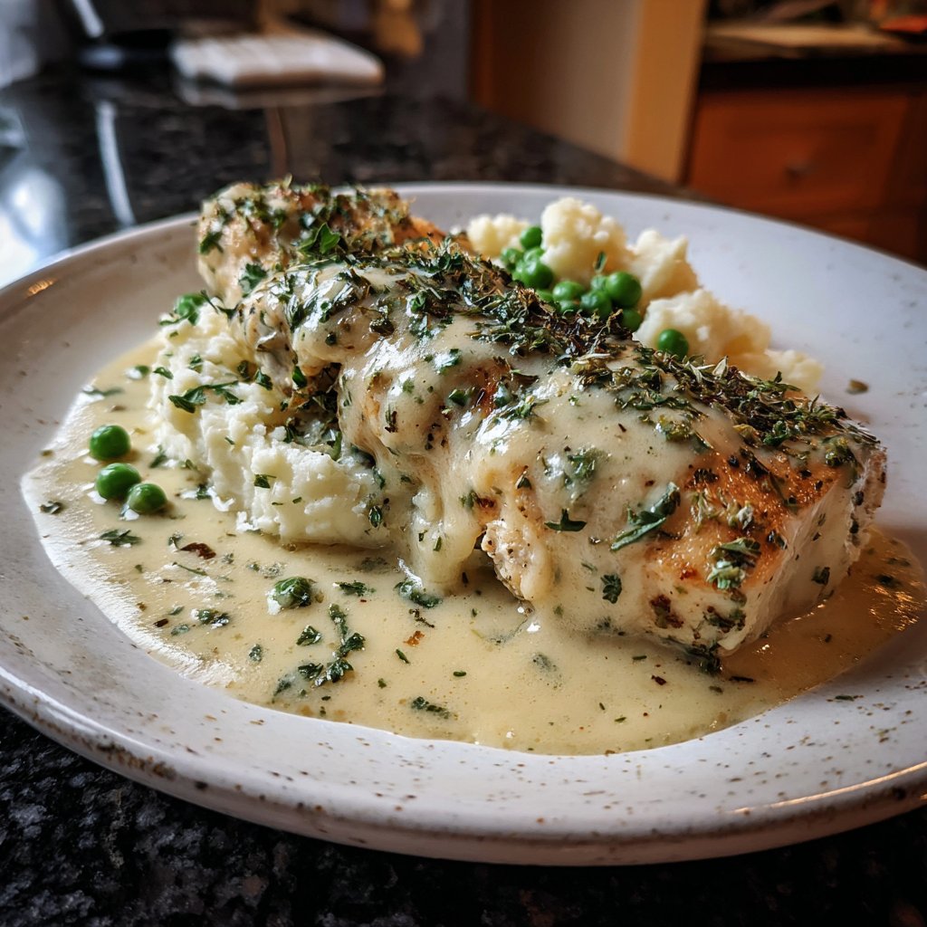 Creamy Herb Chicken with Mashed Potatoes and Peas